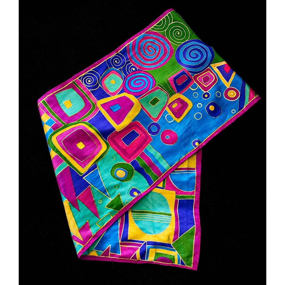 Vintage 100% Silk Scarf Bright Abstract Geometric Retro 90s Statement Japan Long